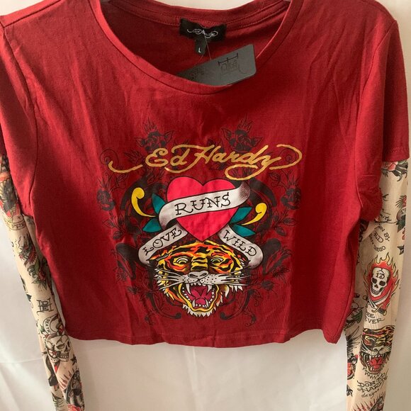 ED HARDY Love Tiger Hang Down Baby Tee with Sleeves in Wine Sz LARGE - Picture 3 of 5